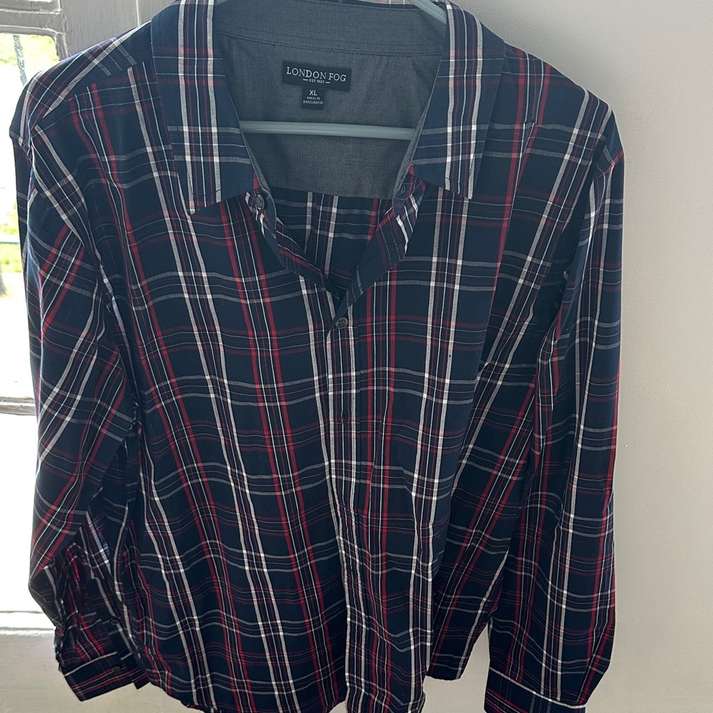 London Fog Men's Black and Red Plaid Shirt